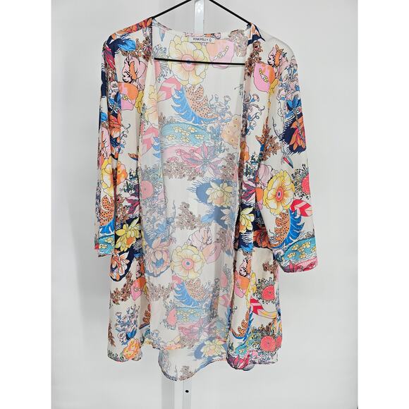 Pink Milly Womens Sz L Long Sleeve Kimono Sweater Bright Floral Print - Picture 1 of 4